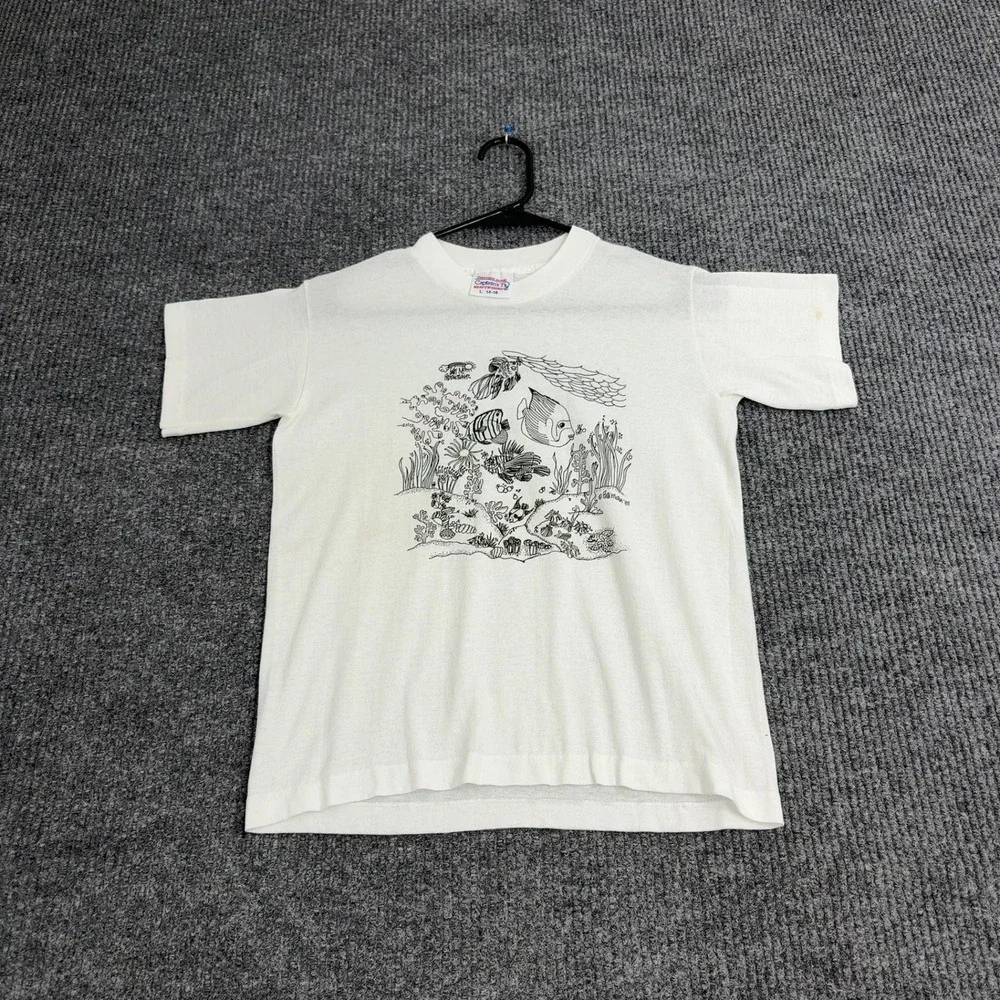 VTG Cotton Fish Graphic 90s Tennessee River T Shirt Kids L White Single Stitch